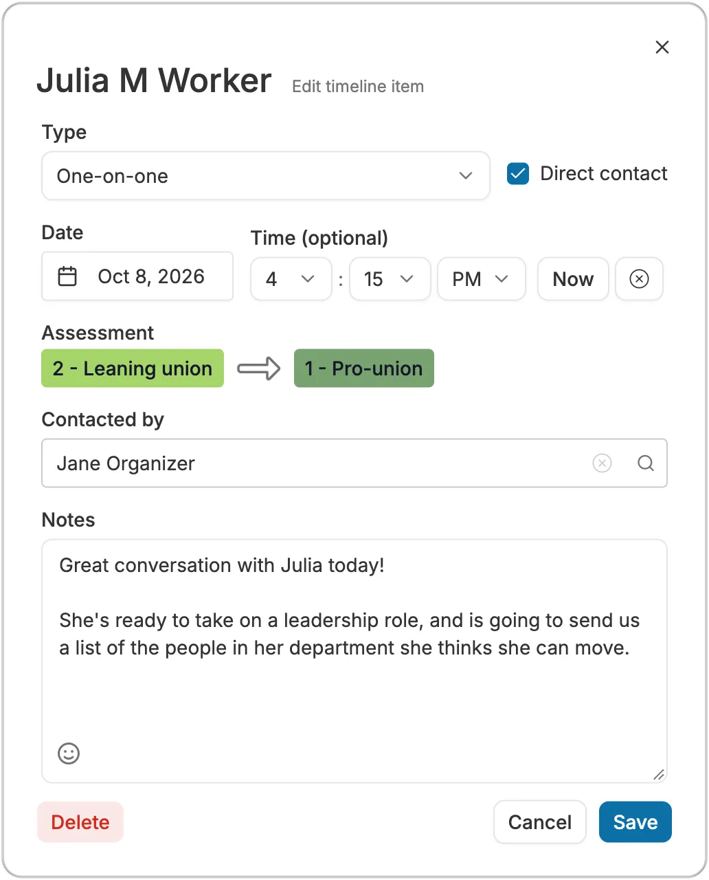 A Broadstripes dialog recording a one-on-one with Julia M Worker on Oct 8, 2026, contacted by Jane Organizer, with her assessment moving from 2 - Leaning union to 1 - Pro-union and a note that she is ready to take on a leadership role